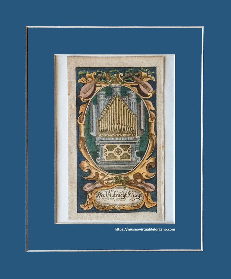 Órgano positivo en caja encastillada con puertas, emblema alemán de pensamientos barrocos. Grabado en placa de cobre, c.a. 1680