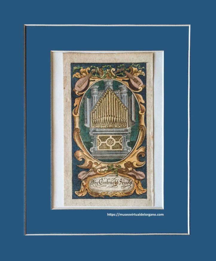 Órgano positivo en caja encastillada con puertas, emblema alemán de pensamientos barrocos. Grabado en placa de cobre, c.a. 1680
