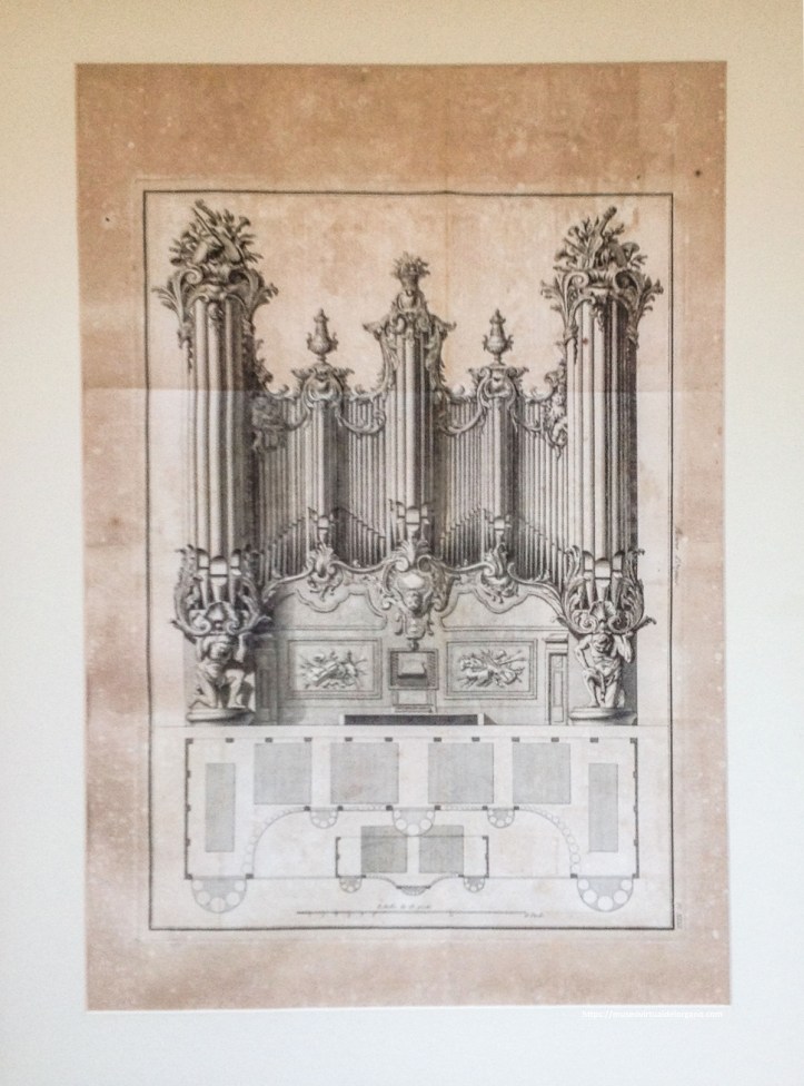 Grabado L’Art du Facteur d’Orgues. Plancha XXXII (fachada del órgano de la Abadía de Saint-Denis, Francia), 1766