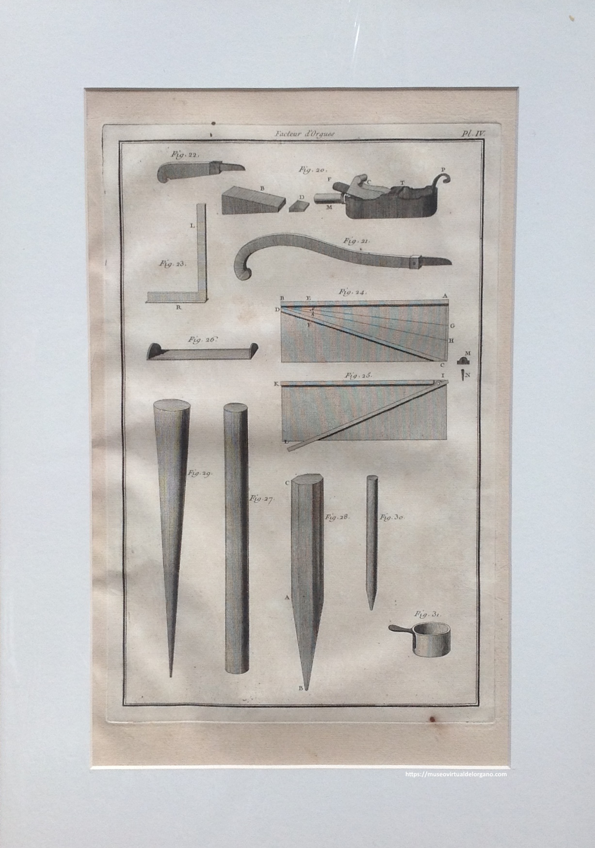 Grabado L’Art du Facteur d’Orgue. Plancha IV (Description des Outils en usage dans la facture de l'Orgue), 1766