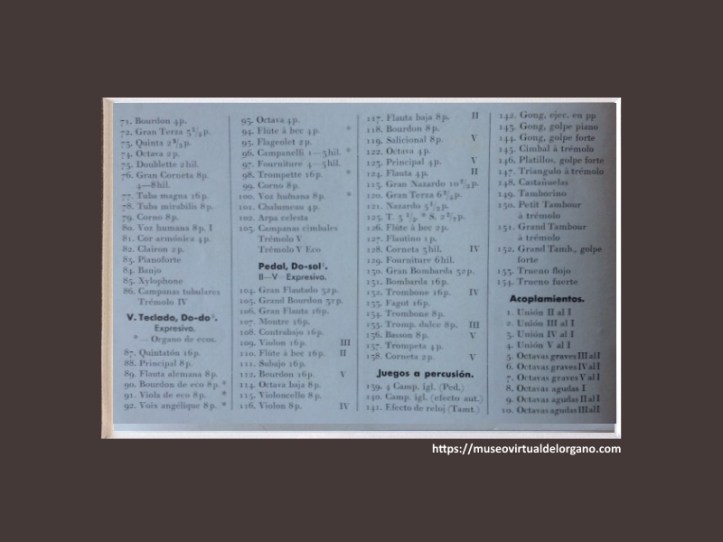 Disposición del Órgano. Folleto Órgano Monumental E.F. Walcker del Palacio Nacional de la Exposición de Barcelona. Agustín Guarro, Barcelona, 1929