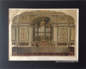 Litografía Órgano E. F. Walcker & Cie de la sala de conciertos Gewandhaus de Leipzig, Alemania. Ernst & Korn editores, 1883