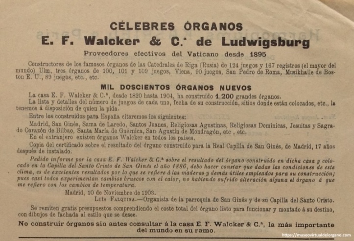 Órgano E. F. Walcker & Cie, Capilla del Santo Cristo de San Ginés, Madrid, 1903