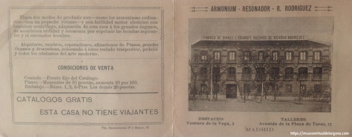 Catálogo Fábrica de pianos y grandes órganos de Ricardo Rodríguez, ca. 1920