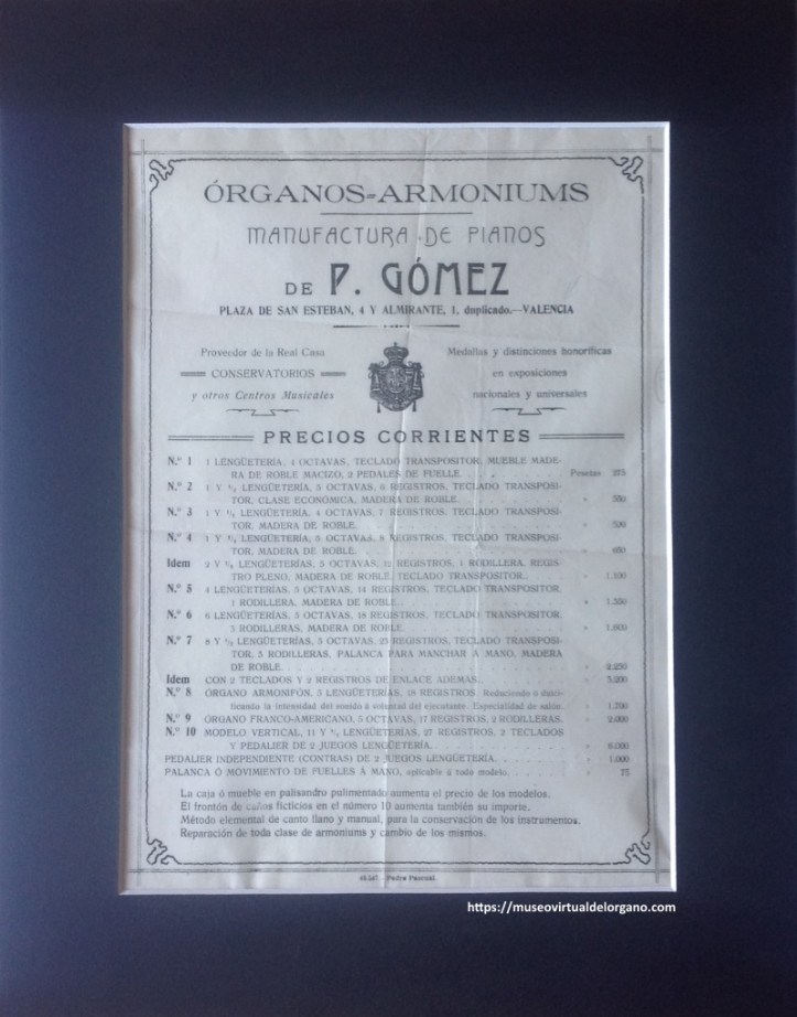 Precios de órganos y armoniums de Manufacturas de pianos Pedro Gómez, Valencia, 1909