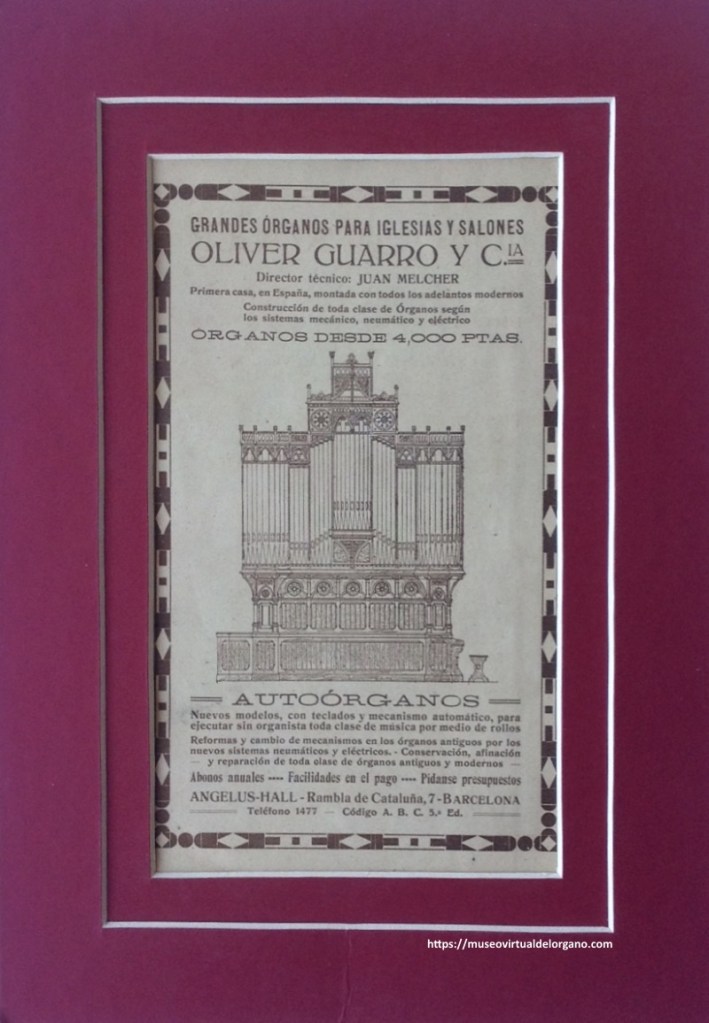 Oliver Guarro, grandes órganos para iglesias y salones. Barcelona. En anuario eclesiástico, 1917