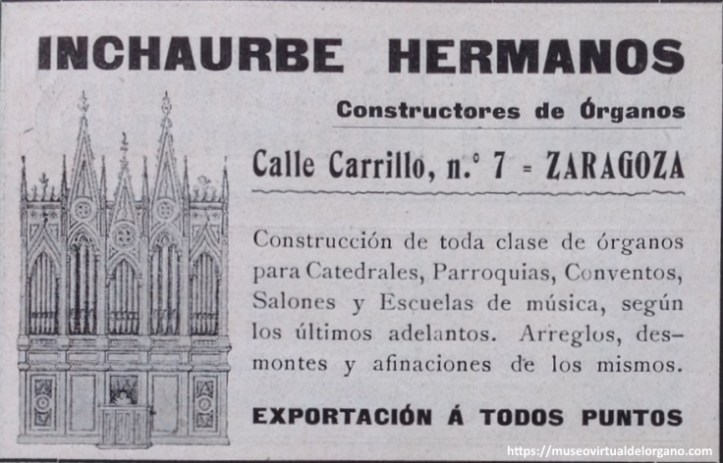 Inchaurbe Hermanos, constructores de órganos, Zaragoza. En: Revista Comercial Ibero-Americana, CCLXX, ca.1920