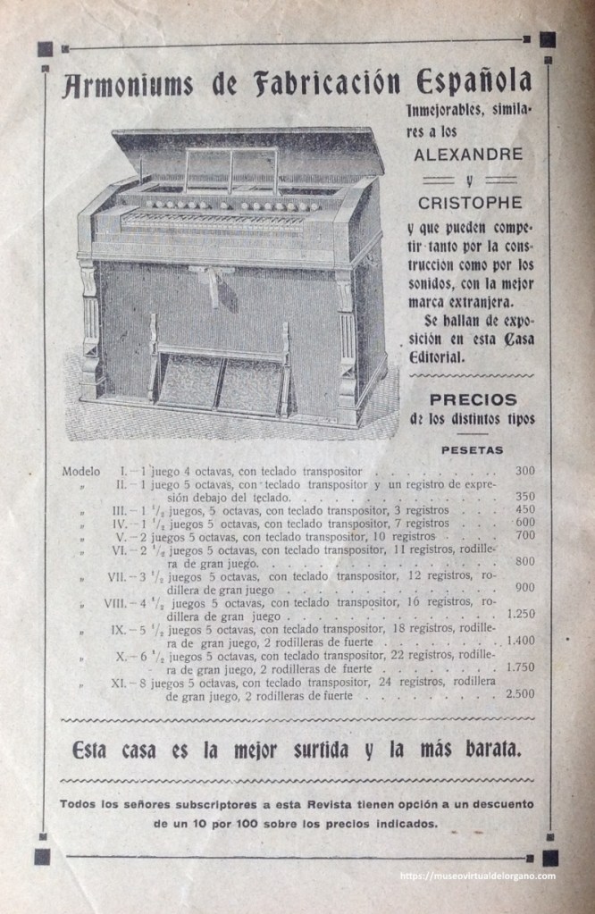 Publicidad Armoniums de fabricación española. Fábrica de órganos San Ignacio de Loyola. F. Eleizgaray y Cía, Vda. de Amezua, Azpeitia. Guipúzcoa. Revista Música Sacro-Hispana, marzo 1916