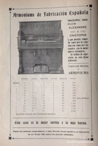 Publicidad Armoniums de fabricación española. Gran Fábrica de Órganos y Armoniums “San Ignacio de Loyola”. Eleizgaray y Cía, Vda. de Amezua, Azpeitia. Guipúzcoa. Revista Música Sacro-Hispana, agosto 1916