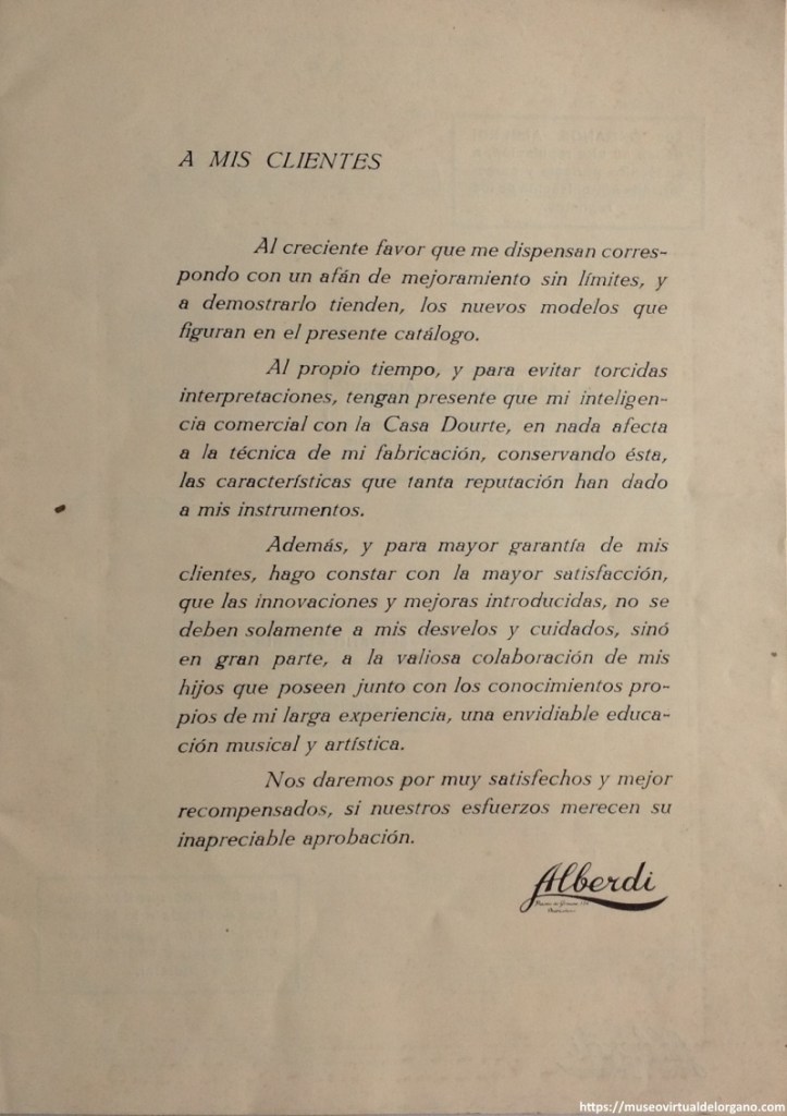 Catálogo Alberdi: órganos, armoniums, pianos. Paseo de Gracia, 126. Barcelona, [presentación], ca. 1930