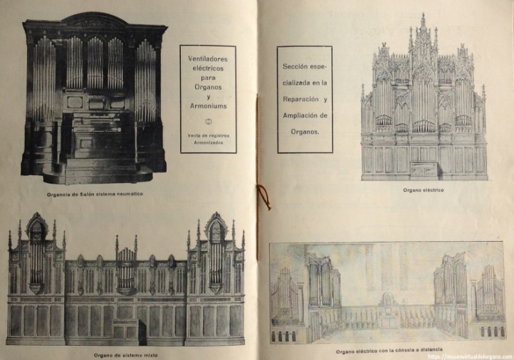 Órganos Alberdi (detalle). Catálogo Alberdi: órganos, armoniums, pianos. Paseo de Gracia, 126. Barcelona, ca. 1930