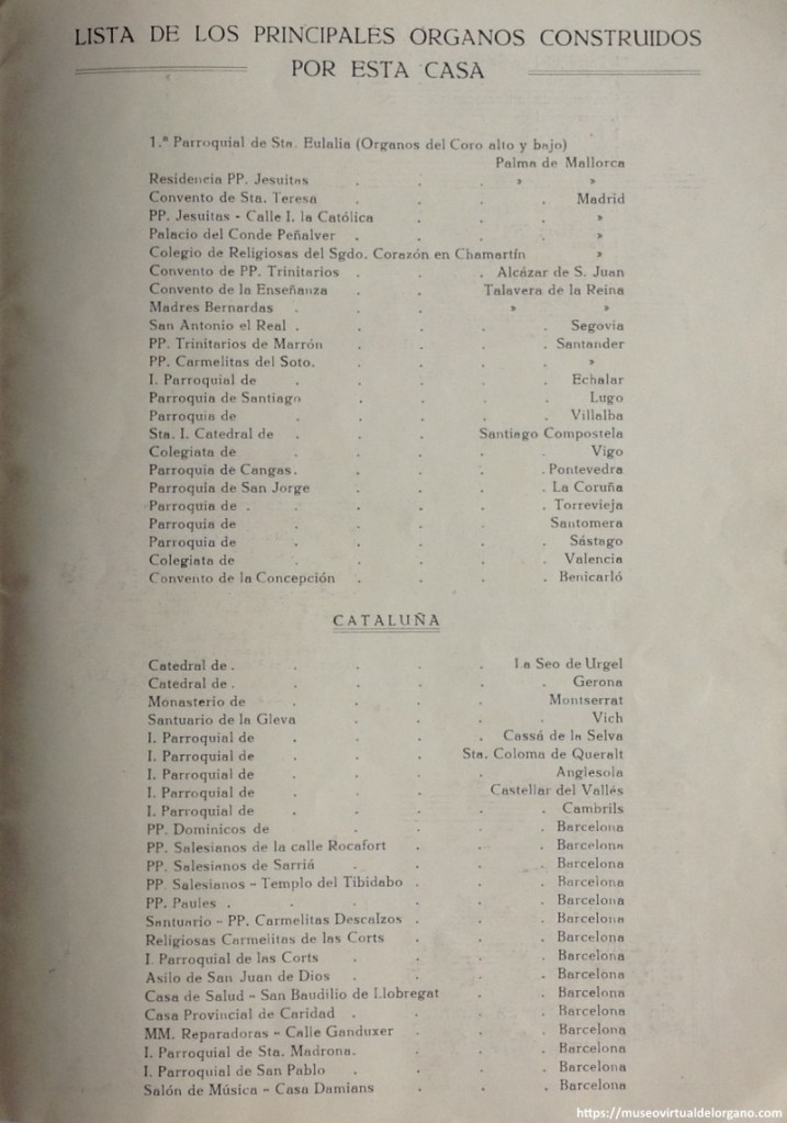 Catálogo Alberdi: órganos, armoniums, pianos. Paseo de Gracia, 126. Barcelona, [lista de órganos construidos por Alberdi], ca. 1930