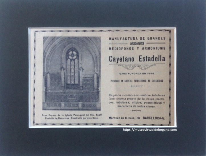 Órgano Cayetano Estadella, Iglesia Parroquial del Santo Ángel Custodio, Barcelona, Revista Parroquial de Música Sagrada, Mas i Secarrant, Barcelona, nº 40, año IV, agosto de 1930