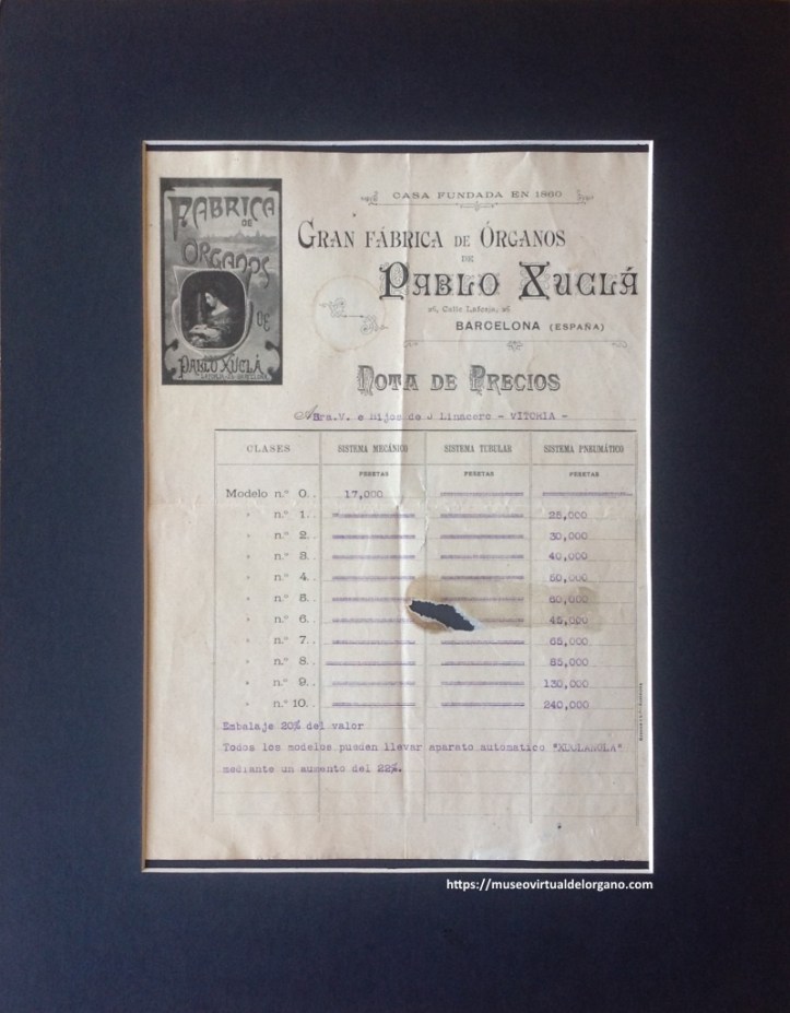 Nota de precios de la Gran Fábrica de Órganos de Pablo Xuclà, ca. 1910