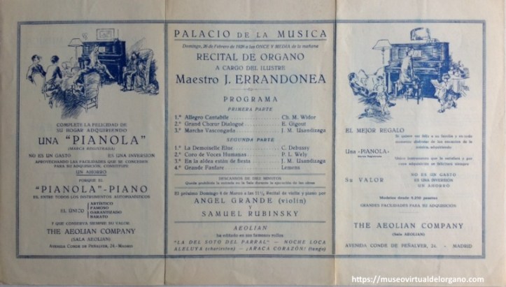 Palacio de la Música de Madrid. Recital de órgano a cargo del ilustre maestro J. Errandonea, domingo 26 de febrero de 1928. Programa con publicidad The Aeolian Company, Avenida Conde de Peñalver, 24. Madrid