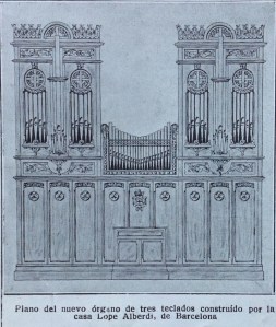 Plano del Órgano Lope Alberdi. Nuestra Señora la Virgen Bien Aparecida (detalle), Cantabria. La Hormiga de Oro, Barcelona 21 de octubre de 1916