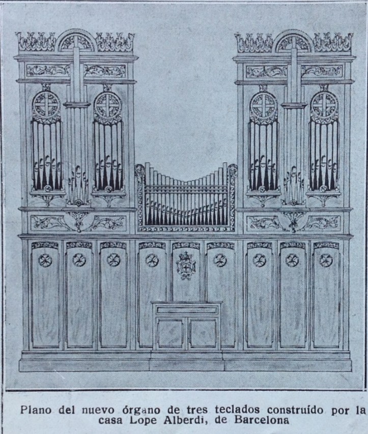 Plano del Órgano Lope Alberdi. Nuestra Señora la Virgen Bien Aparecida (detalle), Cantabria. La Hormiga de Oro, Barcelona 21 de octubre de 1916