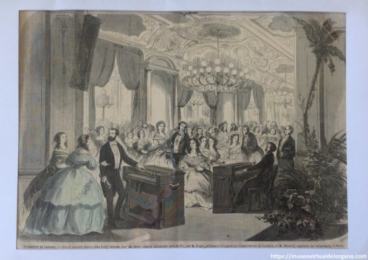 Exposition de Londres. Grand concert donné chez Lady Osborn, duo de deux orgues Alexandre père et fils, par M. Engel, professeur d’orgues au Conservatoire de Londres, et M. Durand, organiste de Saint-Roch, à Paris, [dibujo] Coste, 1862
