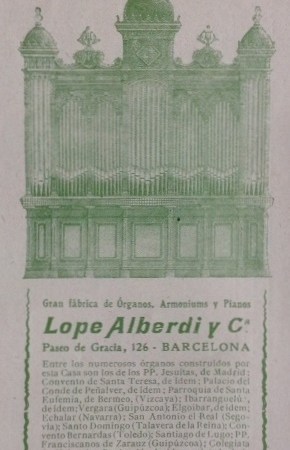 Gran fábrica de órganos, armoniums y pianos, Lope Alberdi, Paseo de Gracia, 126 de Barcelona. En Revista Mercurio, 1909