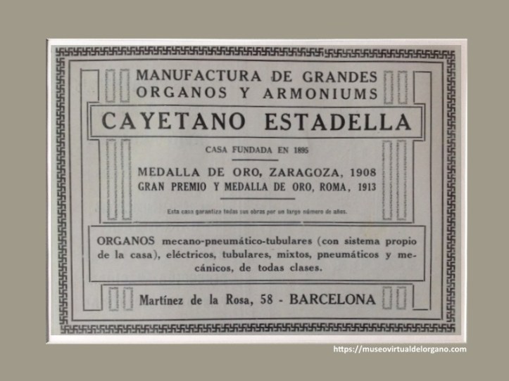 Manufactura de grandes órganos y armoniums Cayetano Estadella, casa fundada en 1895, recorte revista, 1928