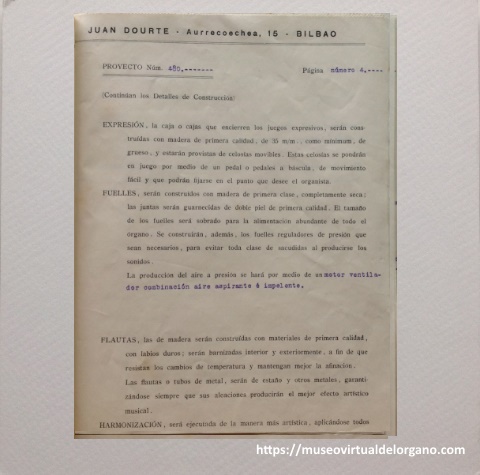 Documentación proyecto de construcción de un órgano Juan Dourte, Bilbao, ca.1960