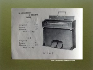 Modelos 1 y 2. Catálogo de Harmoniums H. Christophe & Étienne, A. Chaperon, Succ., París, ca. 1889