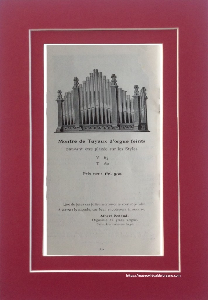 Muestra tubos de órgano simulados que se pueden colocar en el Modelo Style V65 o T60. Catalogue Orgues et Pianos Estey, Agence Générale Costallat et Cie., París, 1910