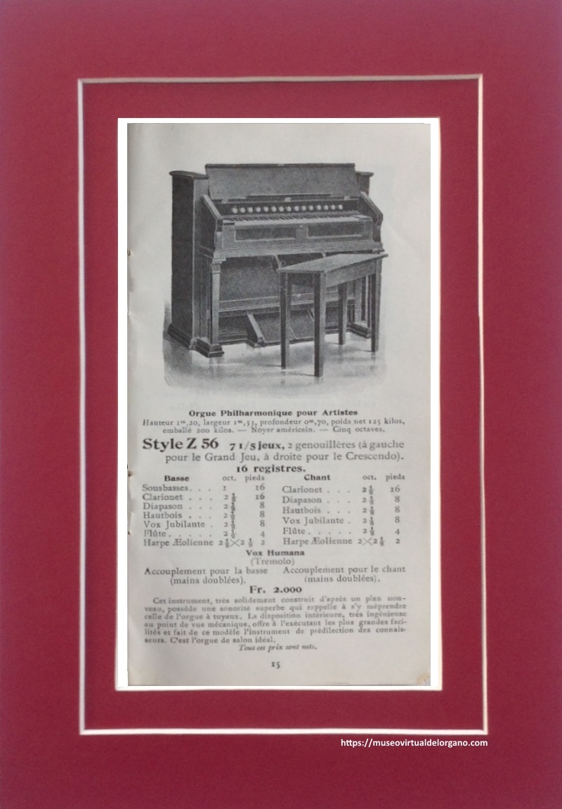 Modelo Style Z56. Catalogue Orgues et Pianos Estey, Agence Générale Costallat et Cie., París, 1910