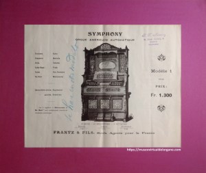 Catálogo Orgues Américaines Symphony. Modèle 1, Frantz & Fils, París, 1889