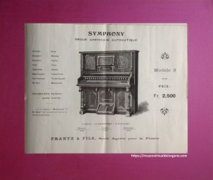 Catálogo Orgues Américaines Symphony. Modèle 3, Frantz & Fils, París, 1889