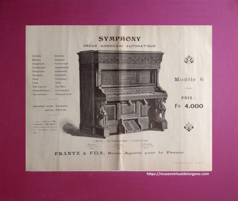Catálogo Orgues Américaines Symphony. Modèle 6, Frantz & Fils, París, 1889