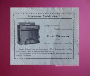 Modelo núm. 1. Catálogo de armoniums de Ricardo Rodríguez, Madrid, ca. 1920