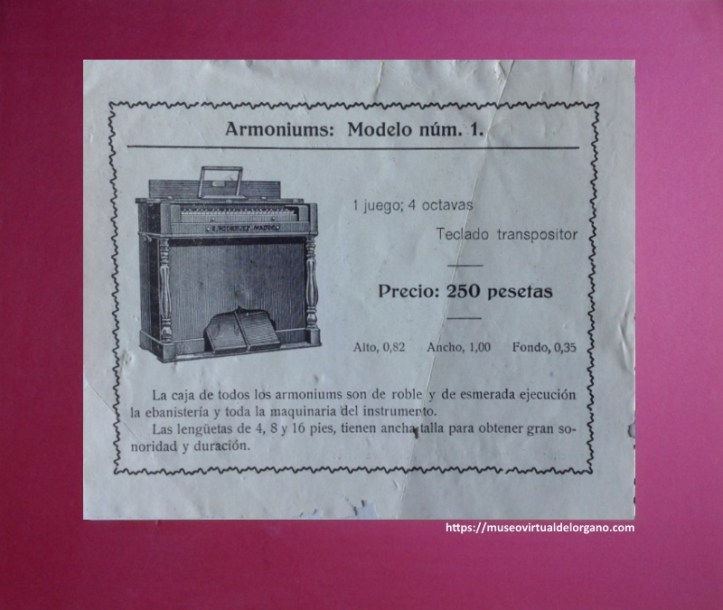 Modelo núm. 1. Catálogo de armoniums de Ricardo Rodríguez, Madrid, ca. 1920