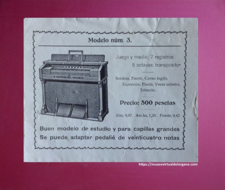 Modelo núm. 3. Catálogo de armoniums de Ricardo Rodríguez, Madrid, ca. 1920