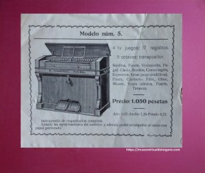 Modelo núm. 5. Catálogo de armoniums de Ricardo Rodríguez, Madrid, ca. 1920