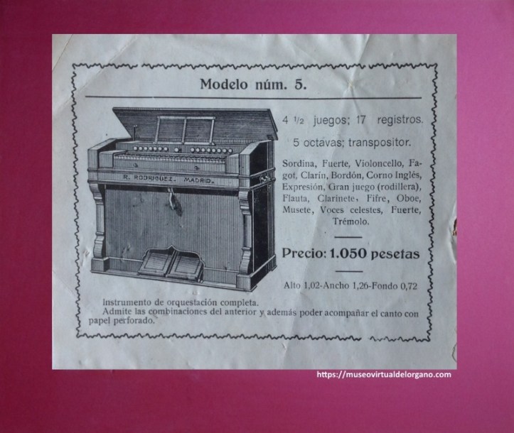Modelo núm. 5. Catálogo de armoniums de Ricardo Rodríguez, Madrid, ca. 1920