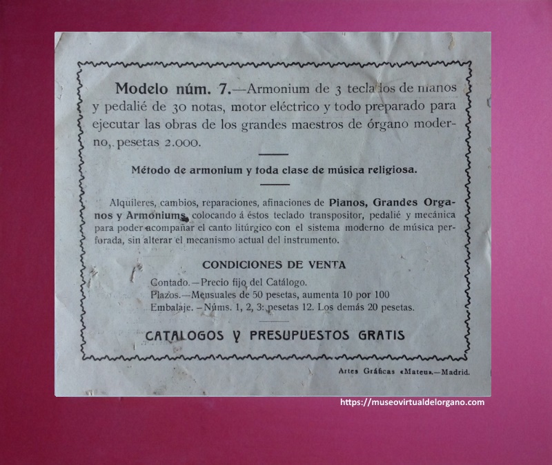 Modelo núm. 7. Catálogo de armoniums de Ricardo Rodríguez, Madrid, ca. 1920