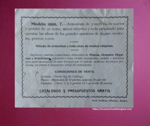 Modelo núm. 7. Catálogo de armoniums de Ricardo Rodríguez, Madrid, ca. 1920