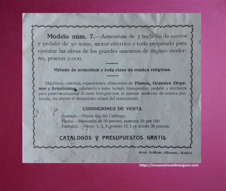 Modelo núm. 7. Catálogo de armoniums de Ricardo Rodríguez, Madrid, ca. 1920
