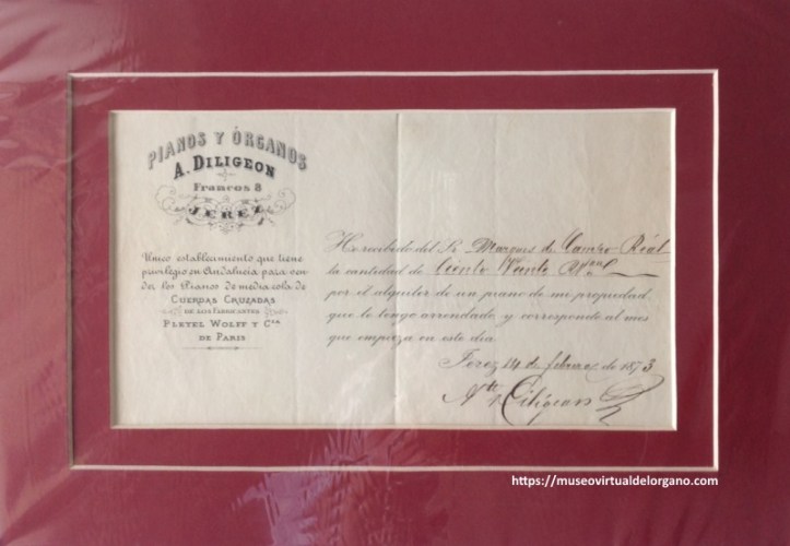 Factura Pianos y órganos A. Diligeon. Jerez, 1873