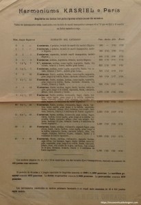 Extracto del catálogo de harmoniums Kasriel, distribuidos por J.M. Marassé, Barcelona, 1903