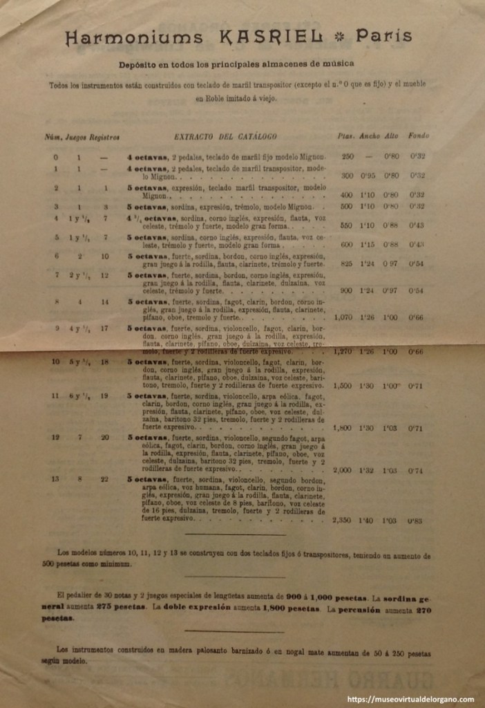 Extracto del catálogo de harmoniums Kasriel, distribuidos por J.M. Marassé, Barcelona, 1903