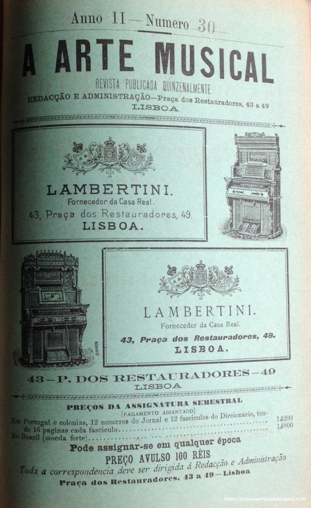 Harmoniums Americanos a venda na Casa Lambertini. Lambertini, M.; Vieira, E., A arte musical : revista publicada quinzenalmente, vol. Ano 2, N.º 30, 31 de Março de 1900