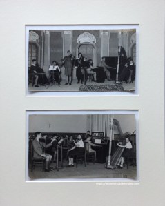 Conjunto instrumental formado por niño tocando el harmonium junto a otros instrumentos, ca. 1920