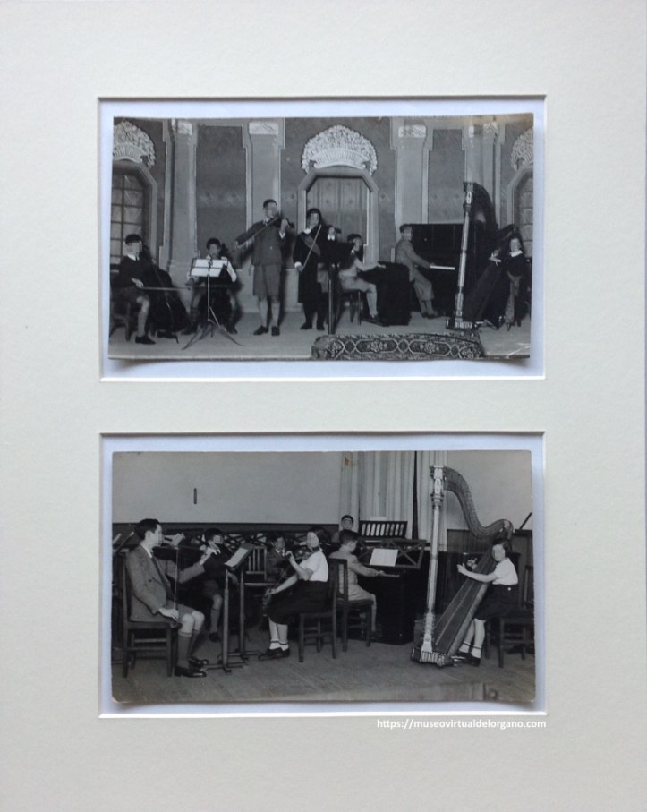 Conjunto instrumental formado por niño tocando el harmonium junto a otros instrumentos, ca. 1920