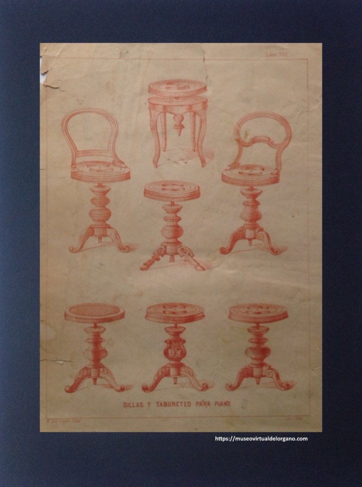 Sillas y taburete para piano, Lámina 397, Litografía J. Aleu. Uguet, Juán Justo; Abeilhé, José, El carpintero moderno. Atlas, M. Solá-Sagalés Editor, Barcelona, 1890-1901