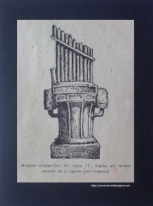 Órgano neumático del siglo IV, según un monumento de la época galo-romana (detalle). Torrellas, A.; Pahissa, J., Diccionario de la música ilustrado, Central Catalana de Publicaciones, Barcelona, 1929