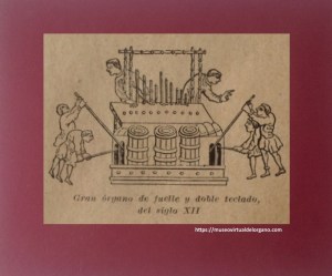 Gran órgano de fuelle y doble teclado del siglo XII (detalle). Torrellas, A.; Pahissa, J., Diccionario de la música ilustrado, Central Catalana de Publicaciones, Barcelona, 1929