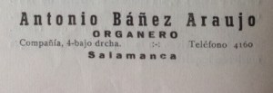 Publicidad organero Antonio Báñez Araujo, Laudate. Revista mensual de formación y orientación, vol. Julio - Agosto - Septiembre, n.º 19-21, pág. 14, 1957