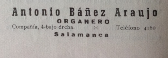 Publicidad organero Antonio Báñez Araujo, Laudate. Revista mensual de formación y orientación, vol. Julio - Agosto - Septiembre, n.º 19-21, pág. 14, 1957